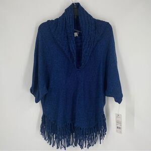 NY Collection Women’s Cowl Neck Dolman Sleeve Blue Fringe Sweater size S